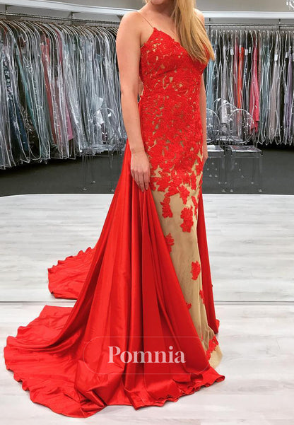 Red Spaghetti Straps Floral Appliques Floor-Length Prom Dress