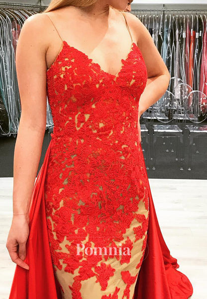 Red Spaghetti Straps Floral Appliques Floor-Length Prom Dress