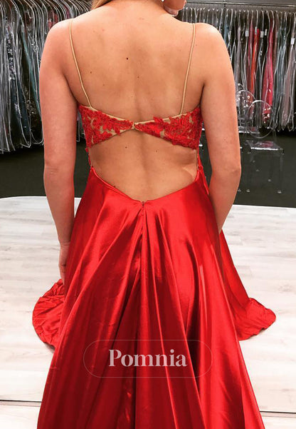 Red Spaghetti Straps Floral Appliques Floor-Length Prom Dress