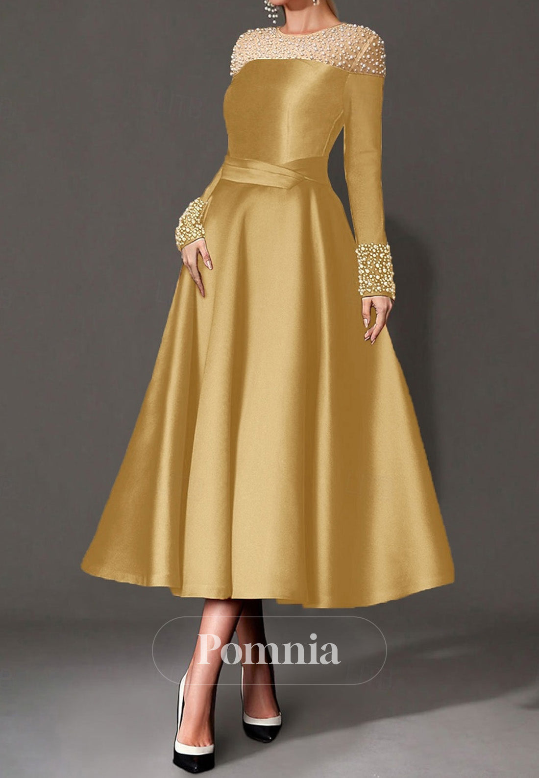 Elegant Dress Formal Tea Length Long Sleeves Mother of the Bride Dress
