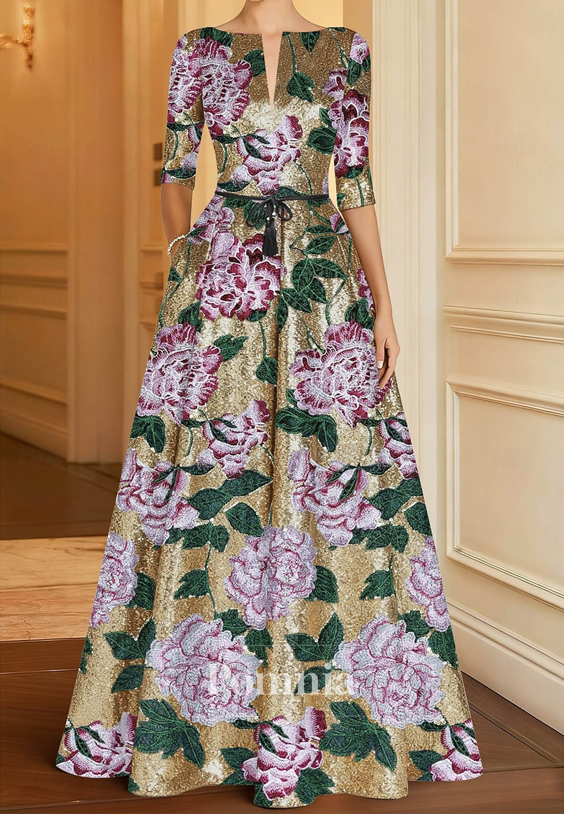 Gold Floral Embroidered A-Line Evening Gown