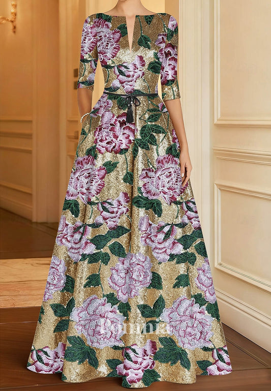 Gold Floral Embroidered A-Line Evening Gown