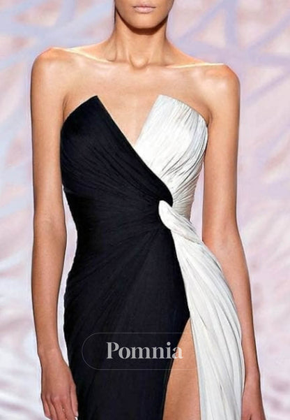 Simple Sleeveless Strapless Slit A-Line Evening Dress