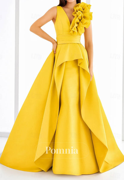 A-Line Spaghetti Straps V-Neck Floral Appliques Evening Dress