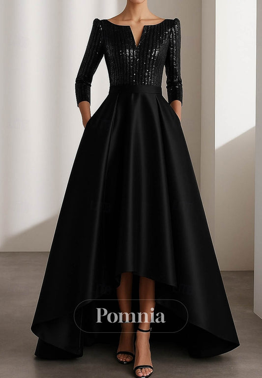 Glittering High Low Long Sleeve V Neck Formal Dress
