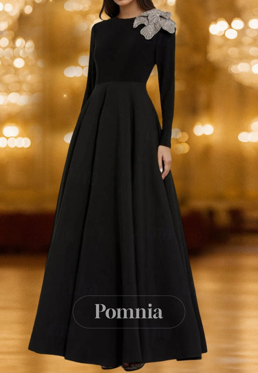 Long Sleeve Crew Neck Formal Wedding Velvet Stretch Crepe with Beading