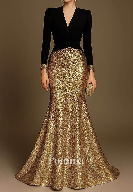 Trumpet Floor Length Evening Dress V Neck Sequined with Glitter