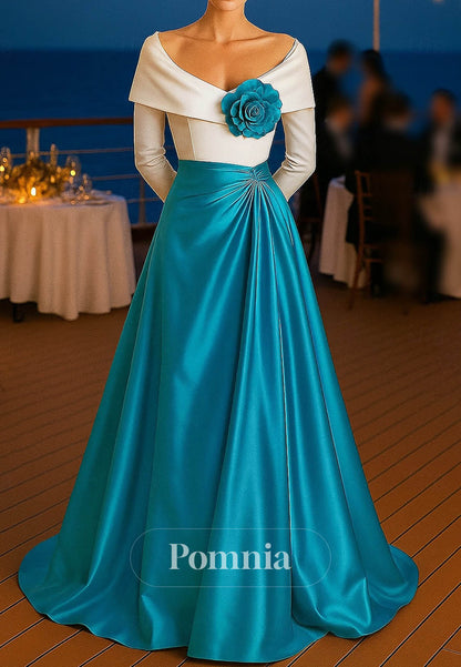 Longh Sleeevs Scoop Appliques Ruched Evening Dress