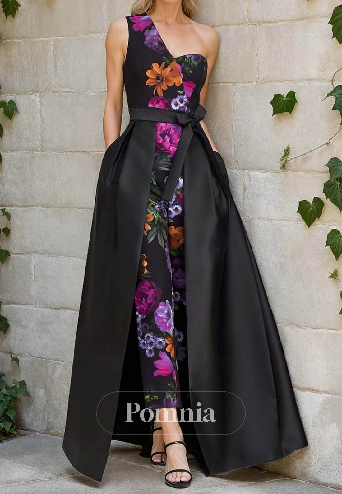Formal One Shoulder Evening Satin with Appliques