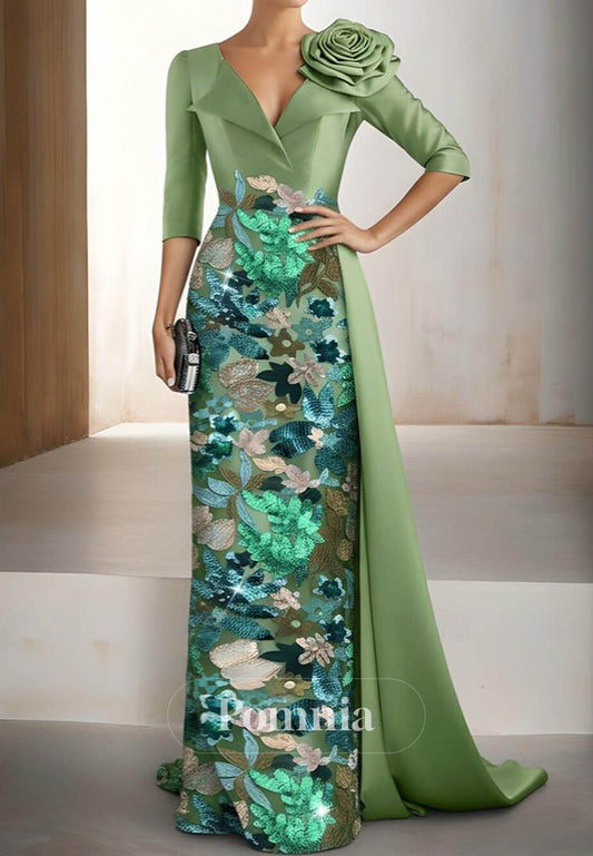 Simple Long Sleeves V-Neck Appliques Evening Dress