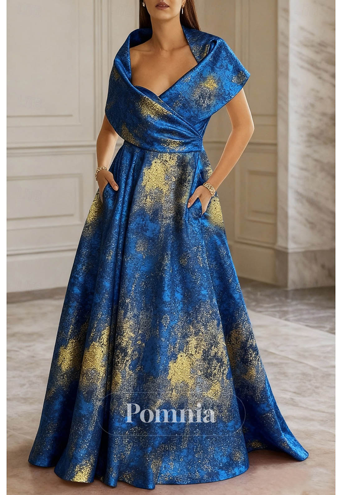 A-Line Evening Gown Short Sleeve Queen Anne Pocket Nylon