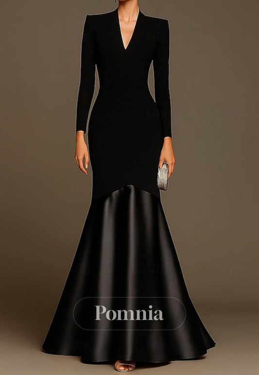 Simple Long Sleeves V-Neck Satin Evening Dress