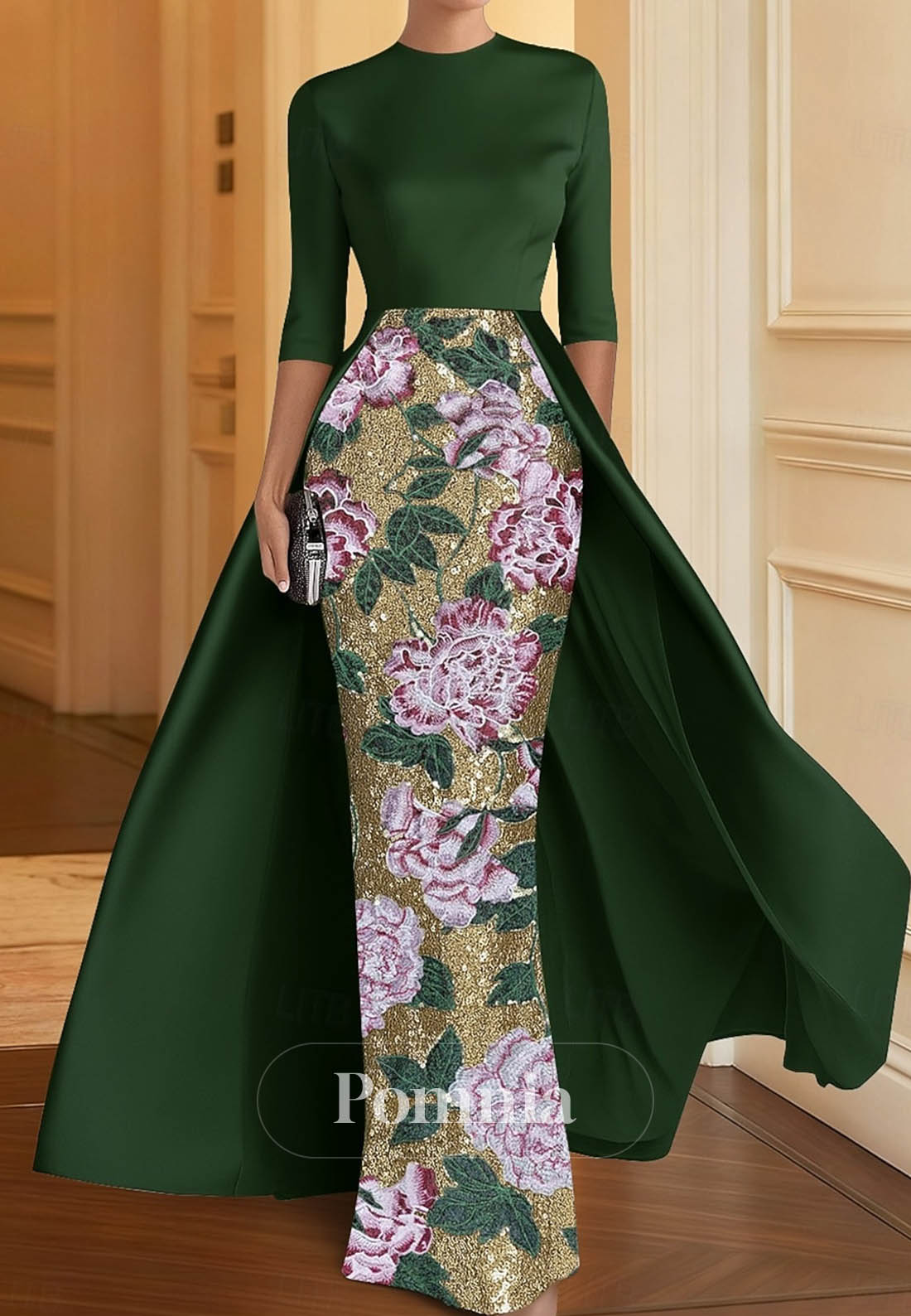 Elegant Sparkle Half Sleeve Crew Neck Formal Dress Satin Sequined with Slit