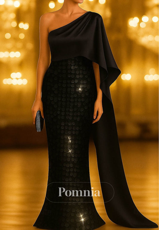 One Shoulder Formal Capes Satin Sequined Evening Dress