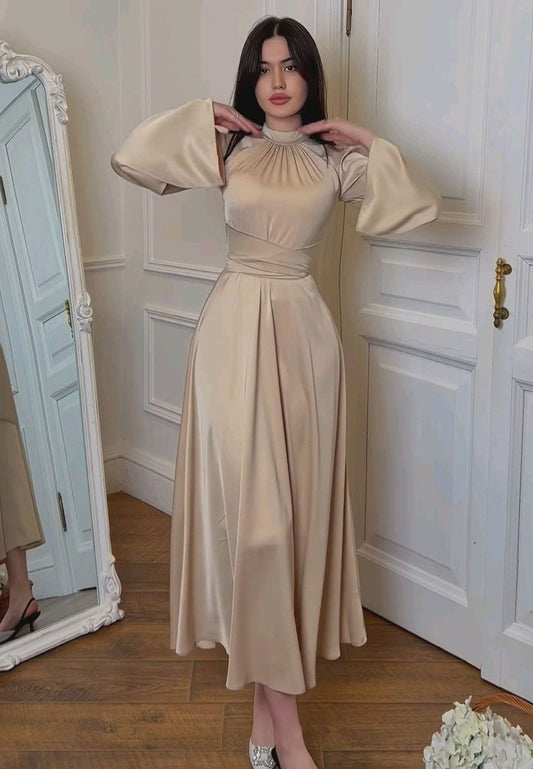 A-Line High Neck Long Sleeves Empire-Waist Prom Party Dress