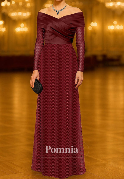 Long Sleeve Sequin Lace Stretch Satin with Pleats Appliques