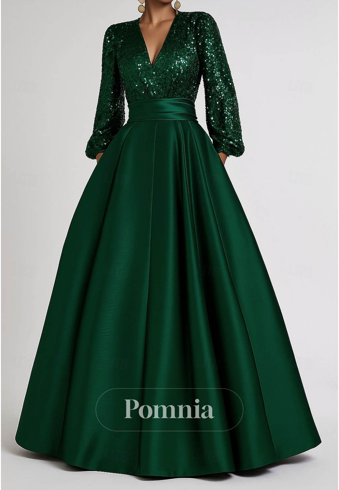 A-Line Floor Length Evening Gown Satin Sequined with Glitter Pleats Pocket