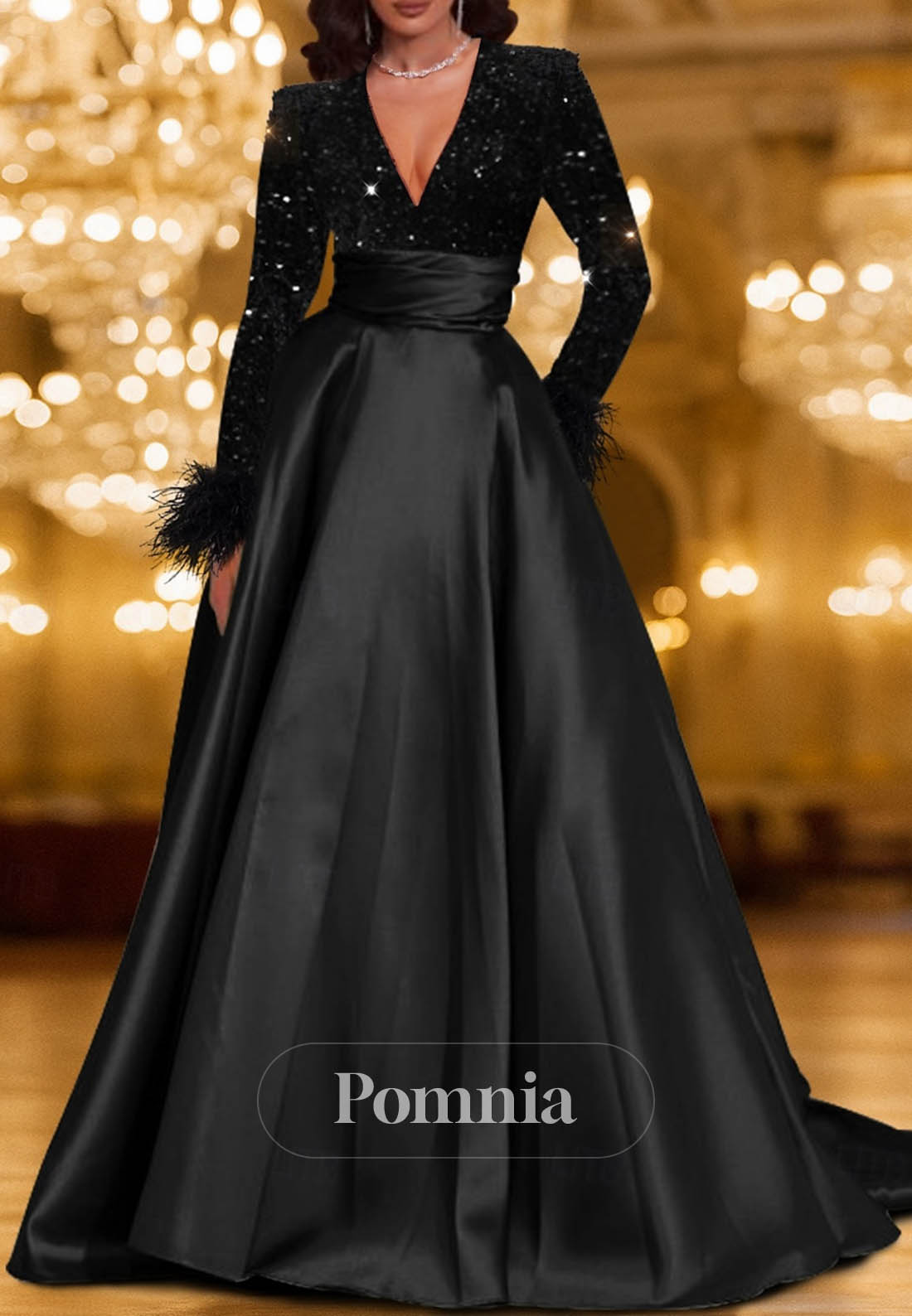 Carnival Formal Pocket Satin Sequined with Feather Sequin