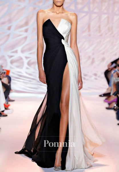 Simple Sleeveless Strapless Slit A-Line Evening Dress