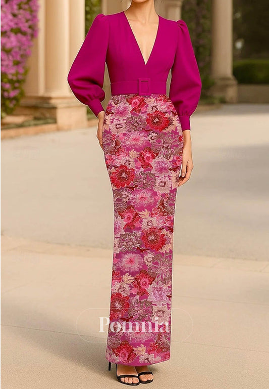 Fuchsia Long Sleeves V-Neck Appliques Evening Dress
