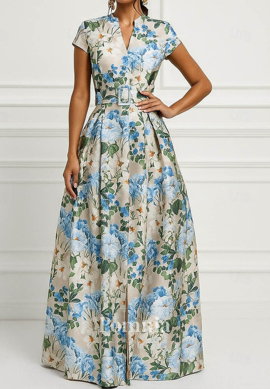 Elegant Vintage Short Sleeve V Neck Formal Dress