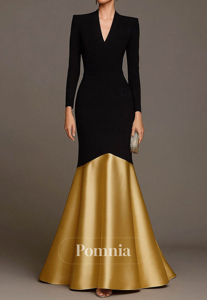 Simple Long Sleeves V-Neck Satin Evening Dress