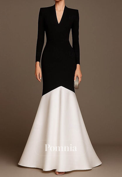 Simple Long Sleeves V-Neck Satin Evening Dress