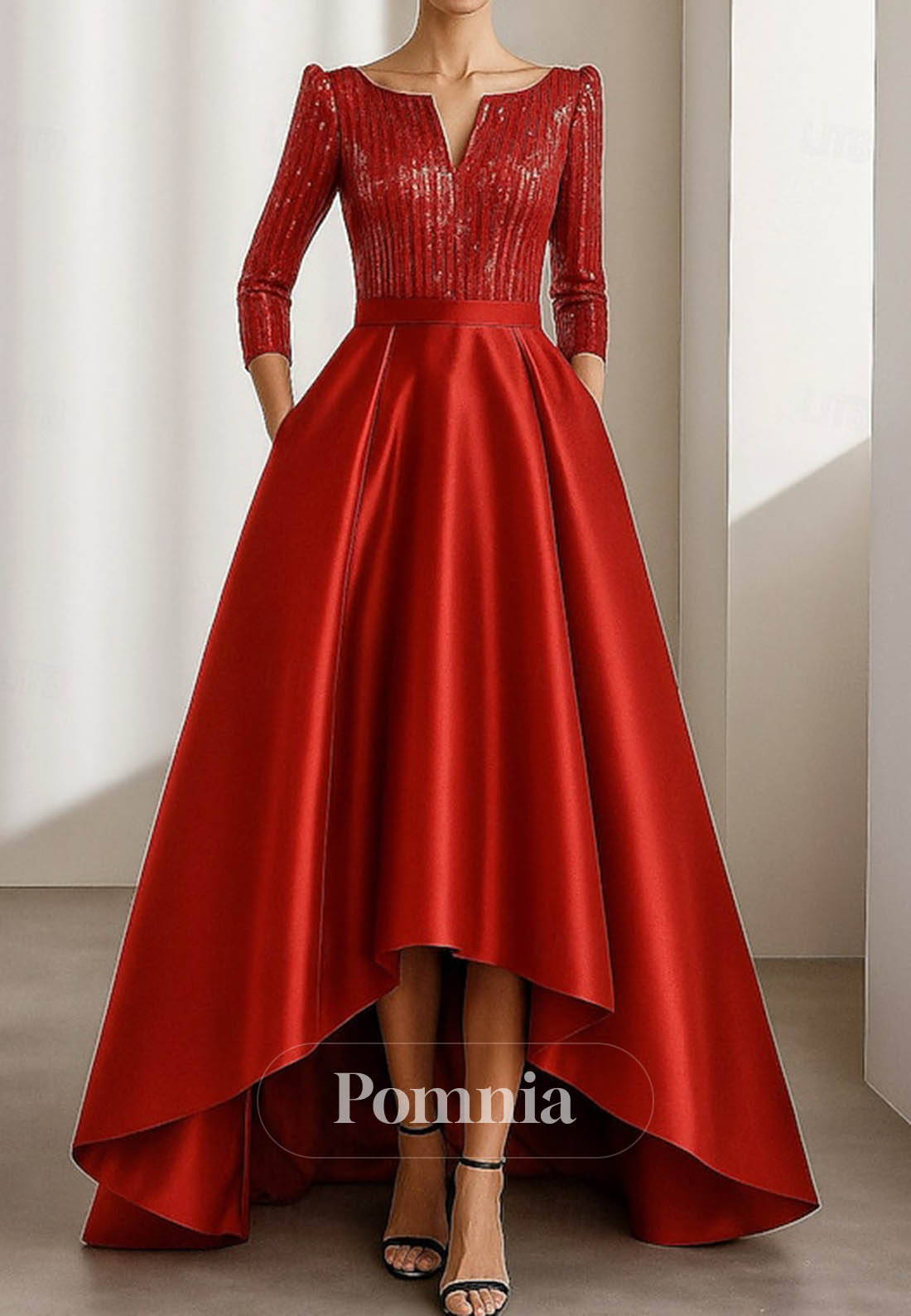 Glittering High Low Long Sleeve V Neck Formal Dress