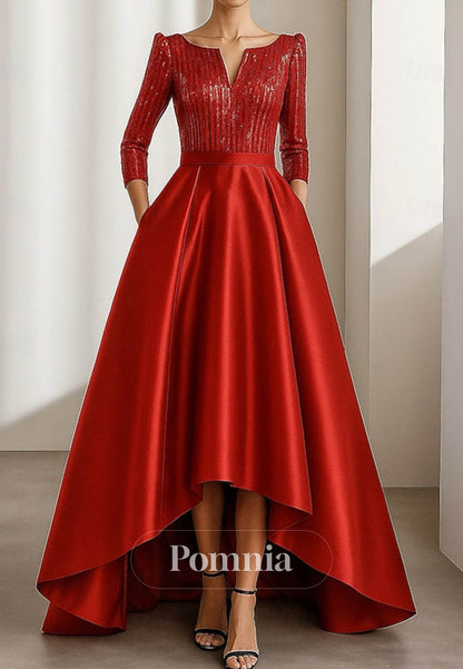 Glittering High Low Long Sleeve V Neck Formal Dress