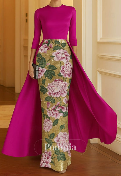 Elegant Sparkle Half Sleeve Crew Neck Formal Dress Satin Sequined with Slit