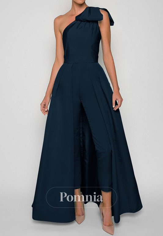 Simple One Shoulder Sleeveless Jumpsuit Satin Evening Dress
