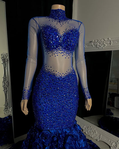 Royal Blue High Neck Corset Tulle Mermaid Prom Dress