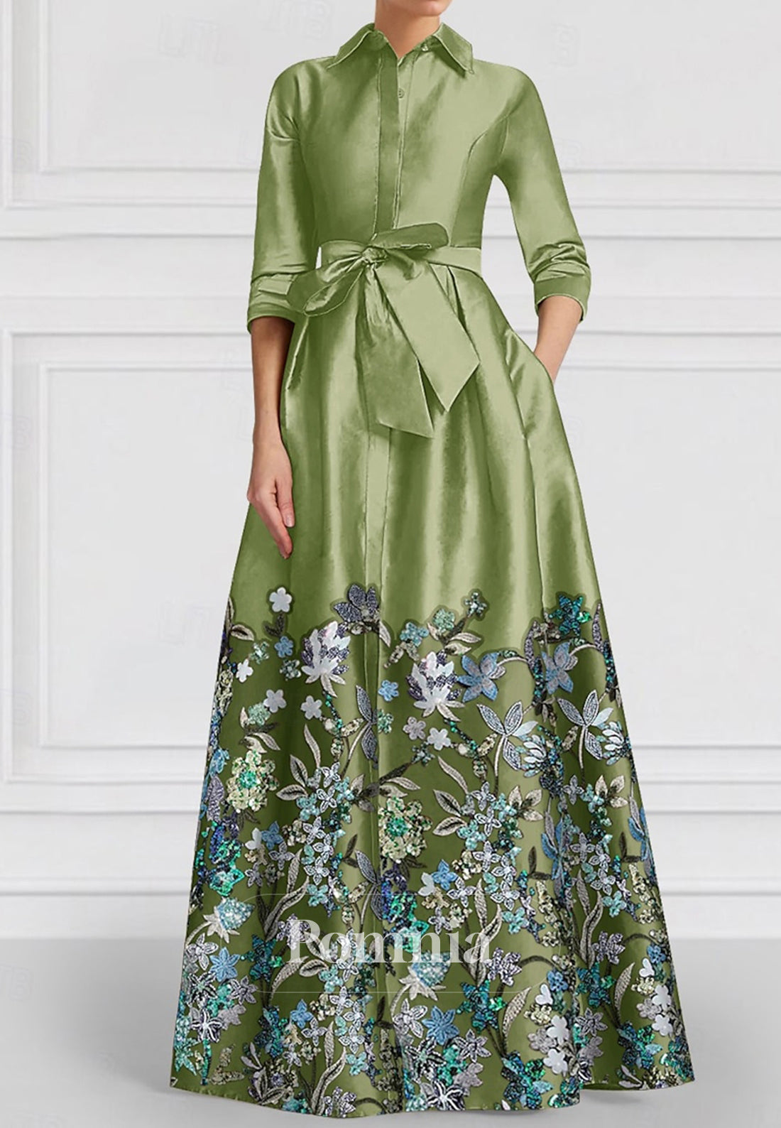 Floral Embroidered A-Line Satin Floor Length Mother of the Bride Dress