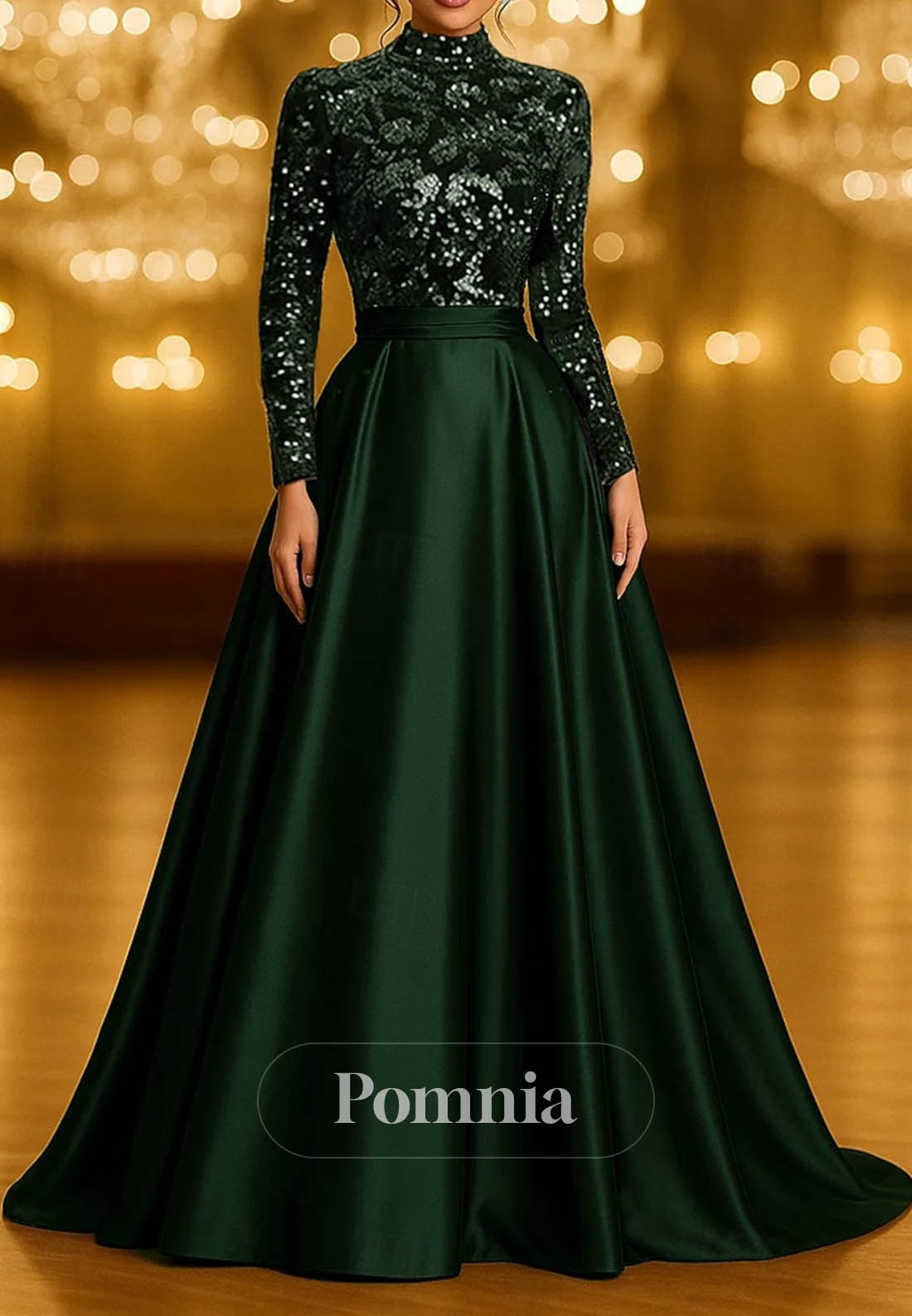 A-Line Evening Dress Long Sleeve High Neck Pocket Satin Velvet with Glitter