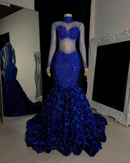 Royal Blue High Neck Corset Tulle Mermaid Prom Dress