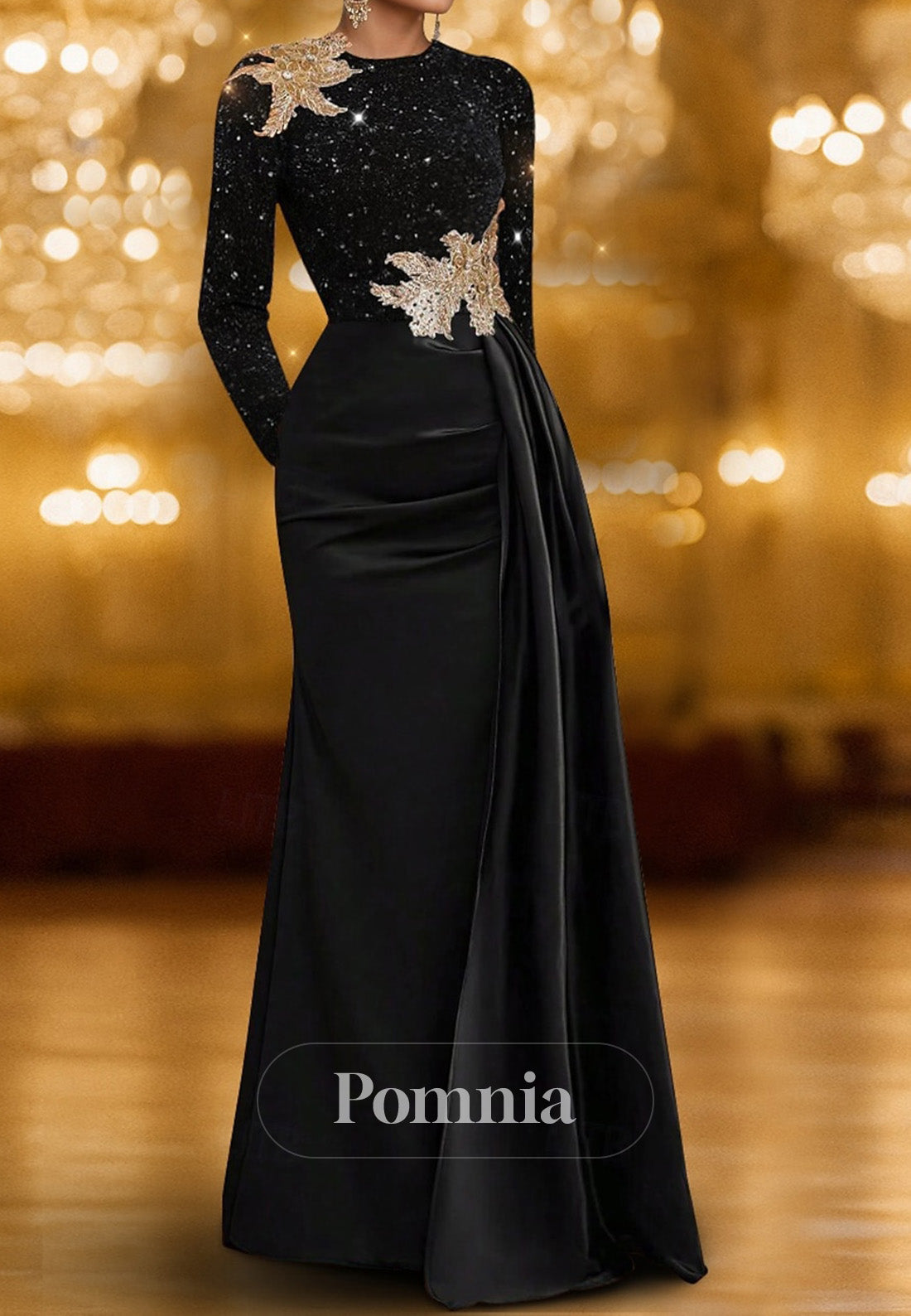 Elegant Dress Floor-Length Long Sleeves Crew Neck Mother of the Bride Dress