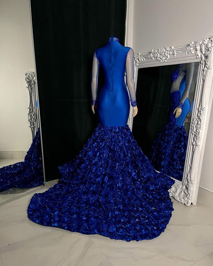 Royal Blue High Neck Corset Tulle Mermaid Prom Dress