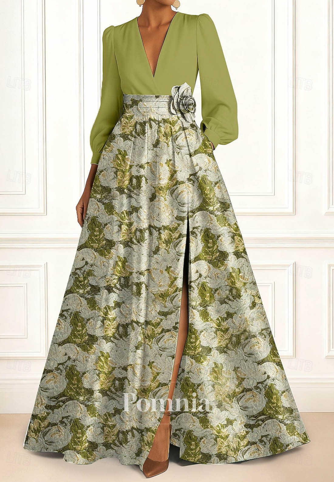 Long Sleeve V Neck Pocket Satin with Ruched Slit