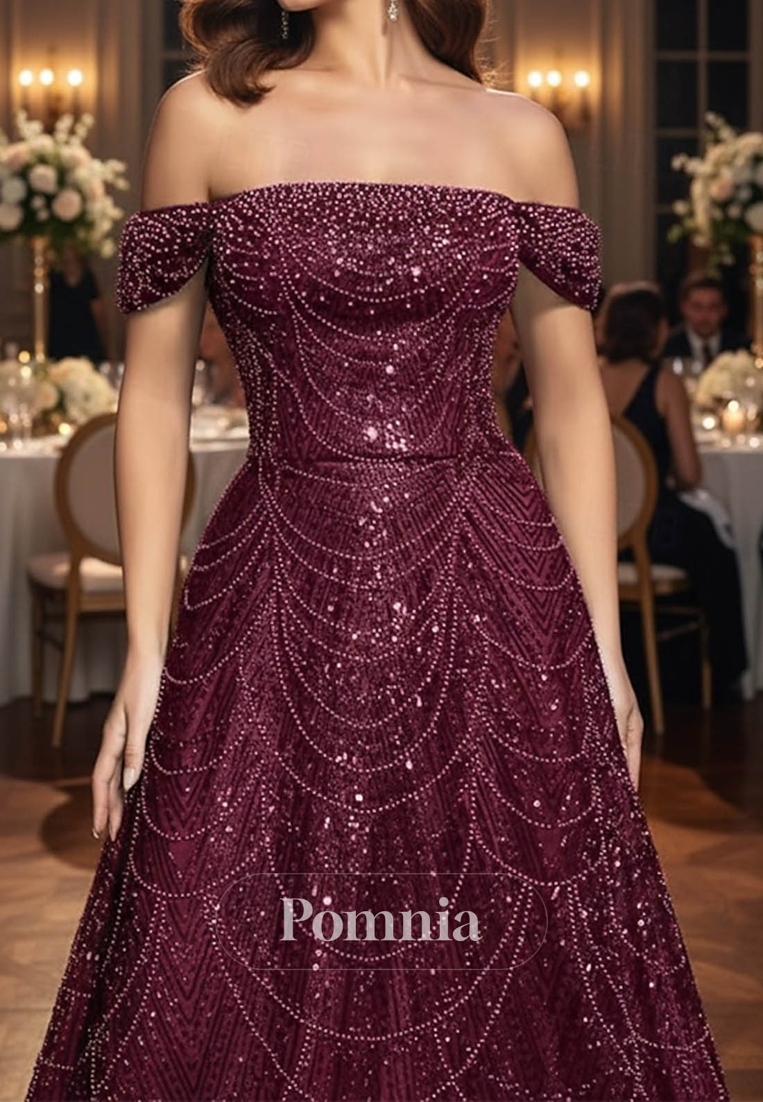 A-Line Off-Shoulder Cap Sleeves Sequins Evening Dress