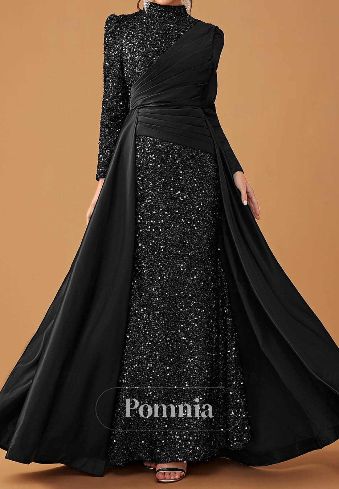 Elegant Party Black Dress Long Sleeve Cowl Neck Formal Lace with Sequin