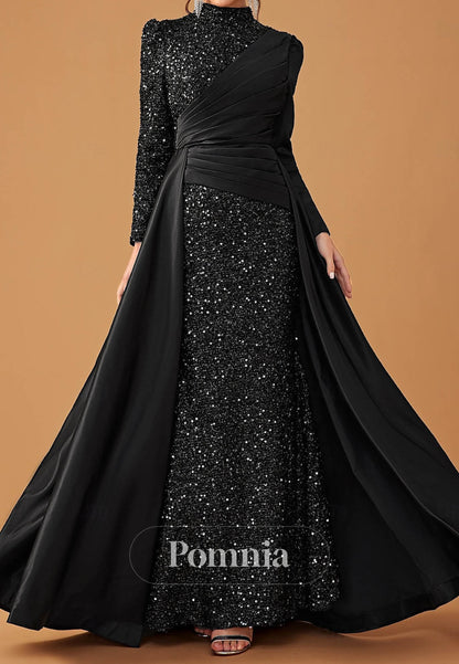 Elegant Party Black Dress Long Sleeve Cowl Neck Formal Lace with Sequin