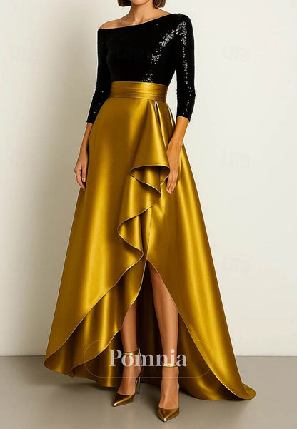 Elegant Silky Sleeve One Shoulder Formal Pocket Satin Sequined