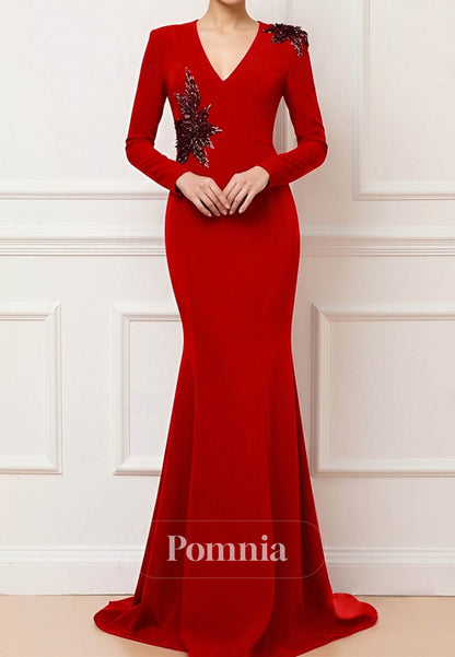 Mermaid Long Sleeve V Neck Formal Dress