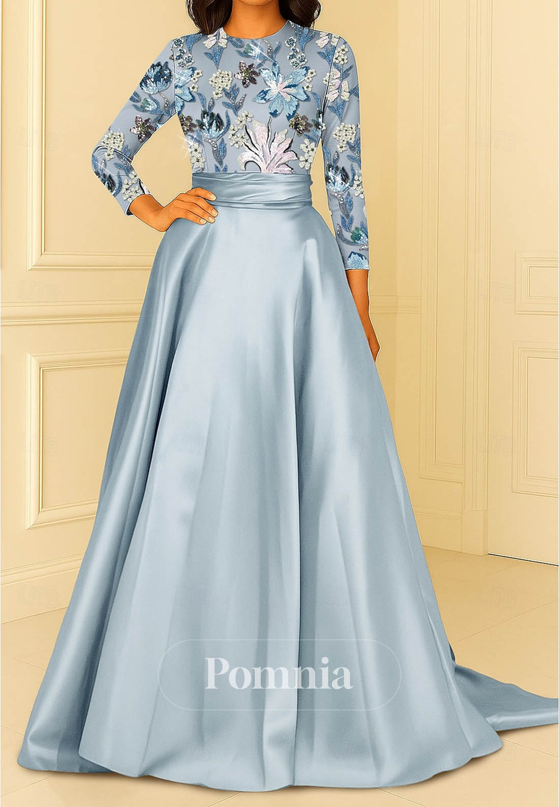 Elegant Long Sleeves Scoop Empire-Waist Evening Dress