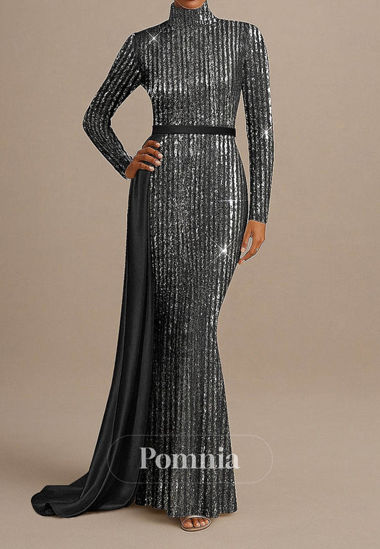 Sparkle Long Sleeve High Neck Formal Wedding Sequined with Glitter