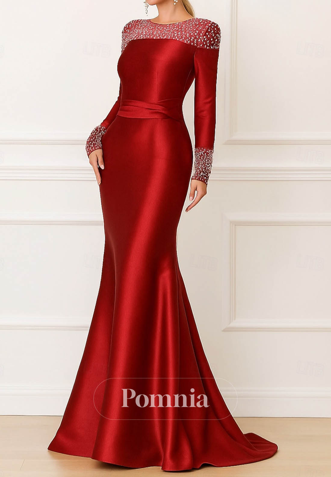 Long Sleeves Sequins Scoop Mermaid Satin Evening Dress