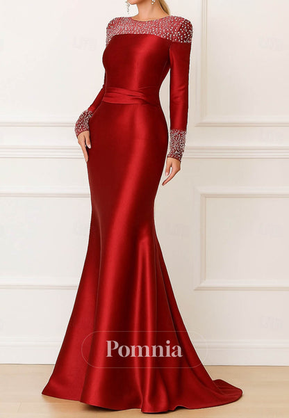 Long Sleeves Sequins Scoop Mermaid Satin Evening Dress