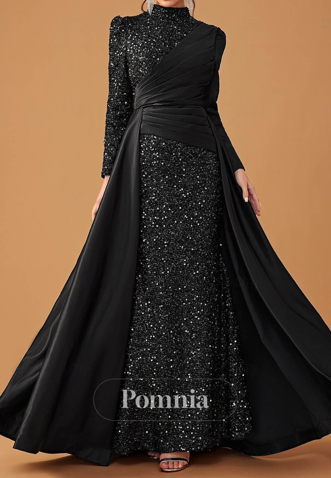 Elegant Party Black Dress Long Sleeve Cowl Neck Formal Lace with Sequin