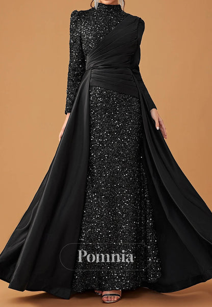 Elegant Party Black Dress Long Sleeve Cowl Neck Formal Lace with Sequin