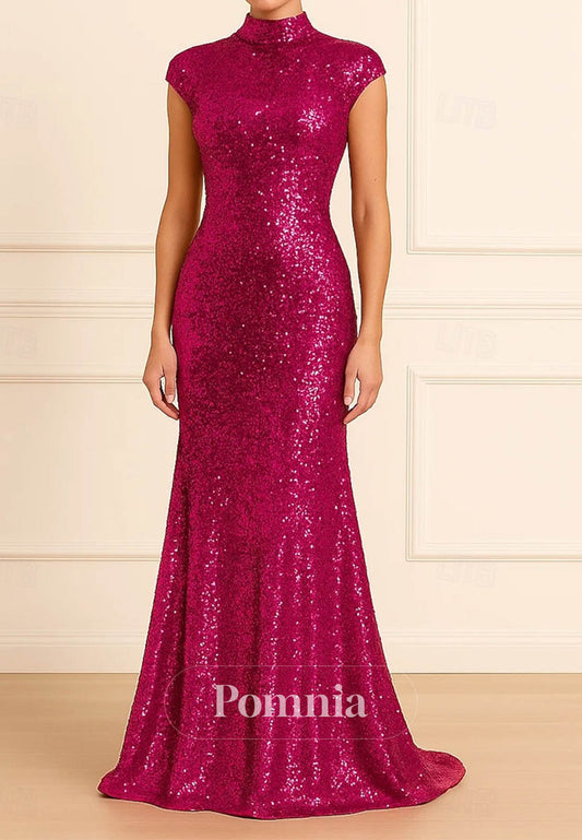 Cap Sleeve High Neck Wedding Formal Sequined with Glitter